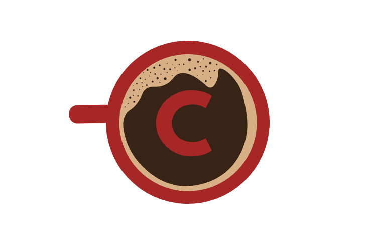 Logo - Heel Rijen drinkt een bakske
Een kop koffie gezien vanaf boven, met in het midden een hoofdletter C.